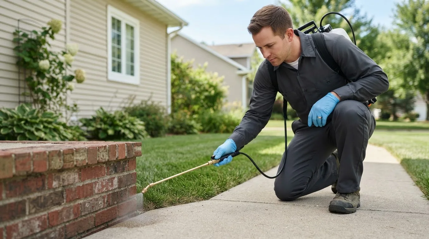 Pest control technician treating a home near Shapleigh, ME